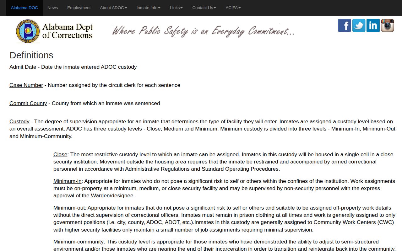 Coffee County projected release date ADOC definitions